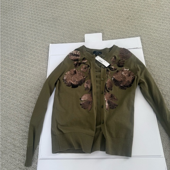 J. Crew Olive Green Cardigan with Sequin Floral Design - Picture 1 of 3